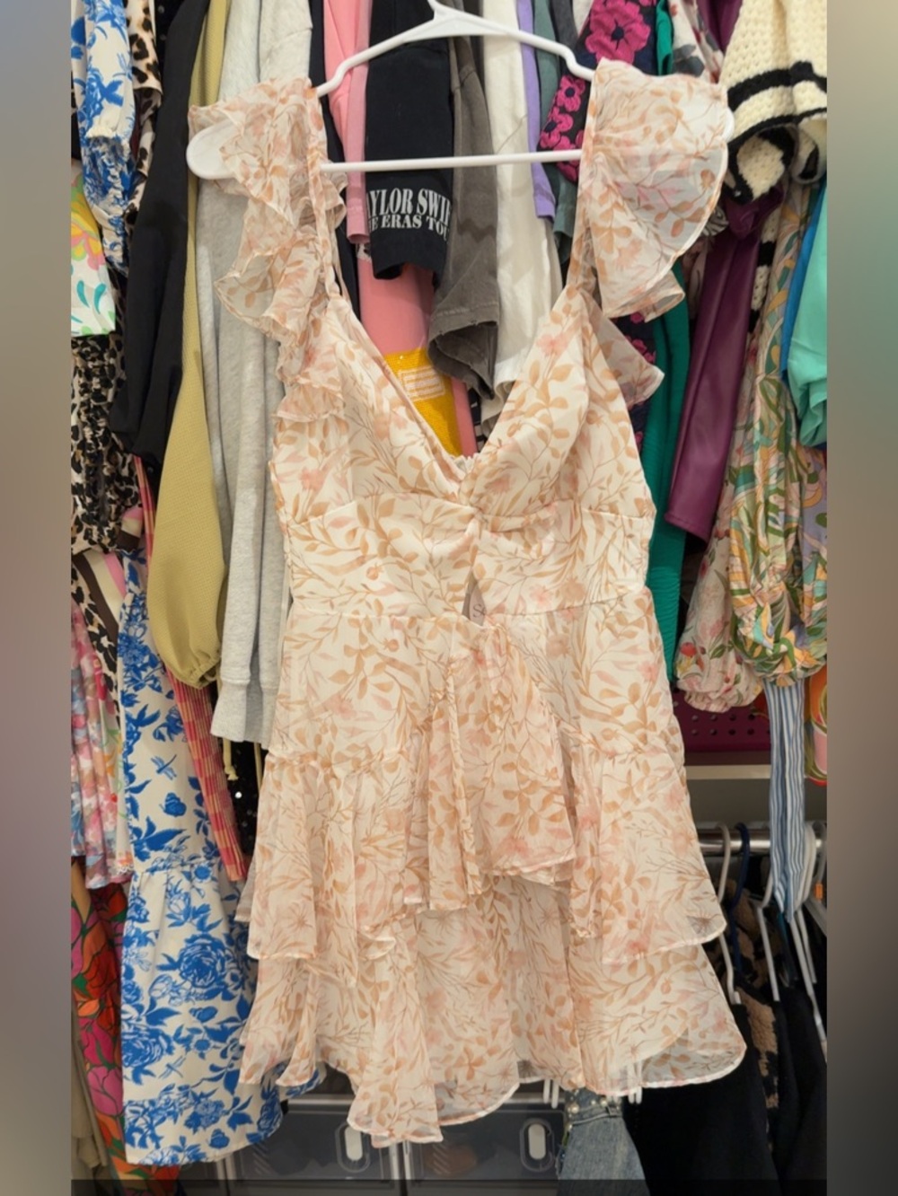 Selfie Leslie Peach Cream Floral Ruffle Tiered Mini Dress